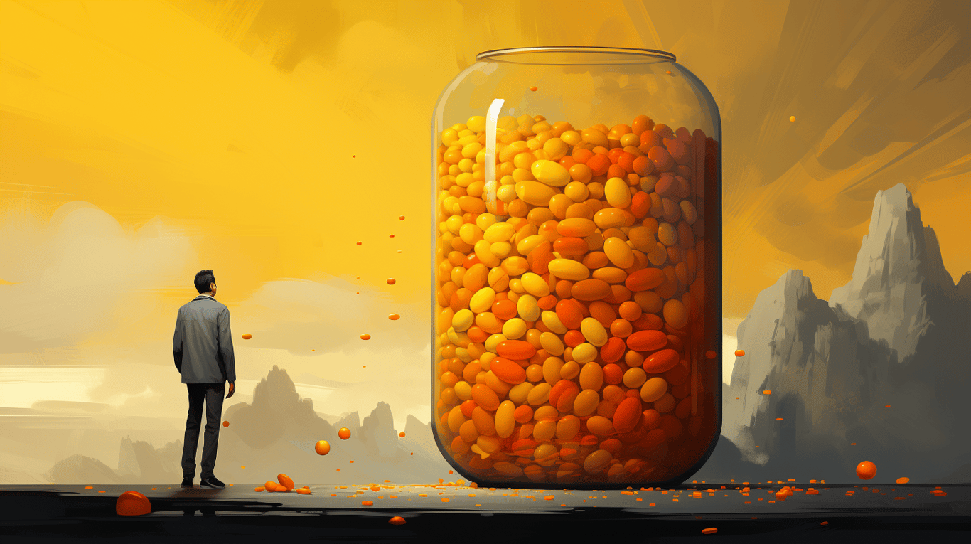 abstract image of a researcher studying a bottle of drug.