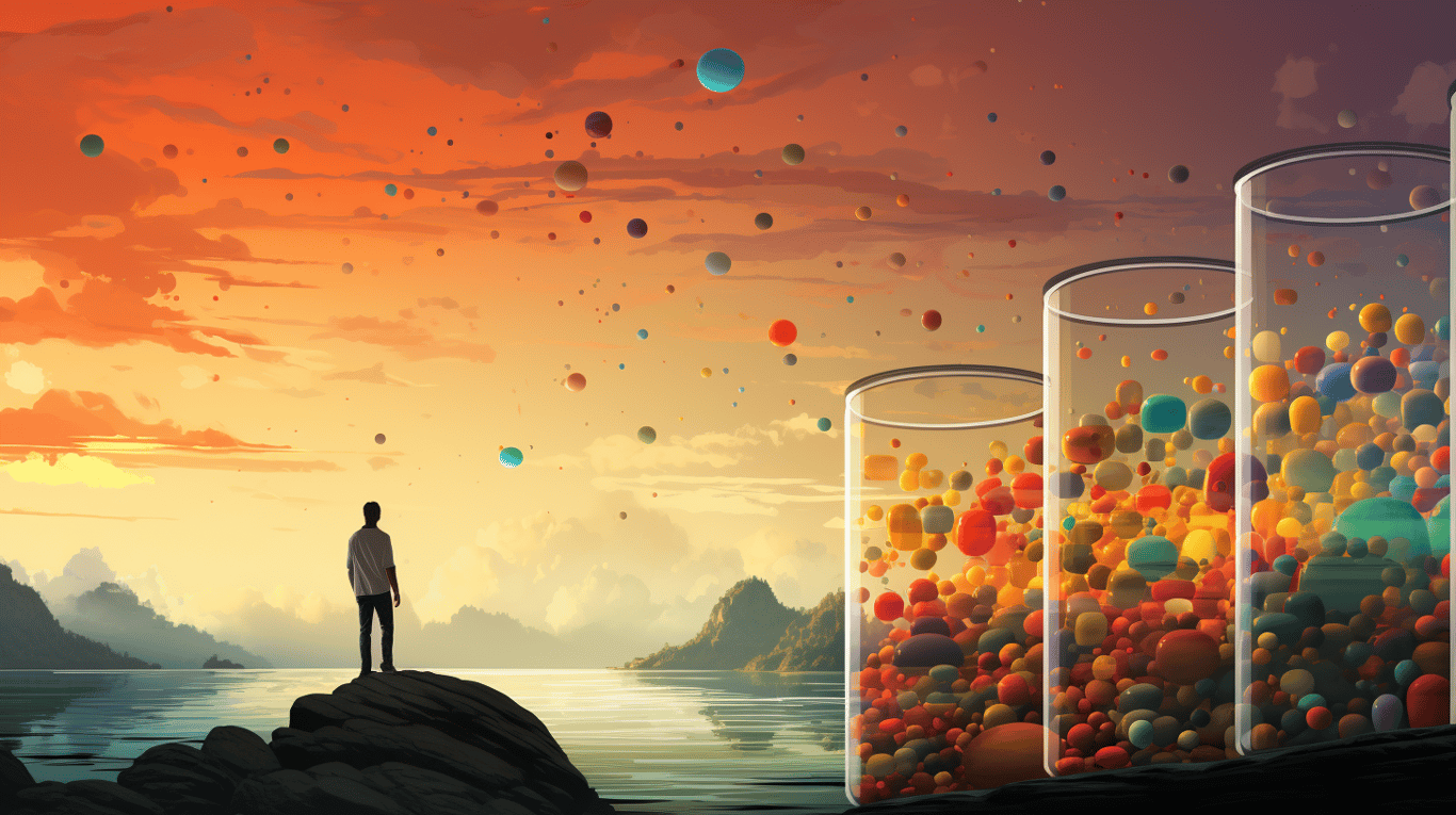 abstract image of a researcher studying a bottle of drug.