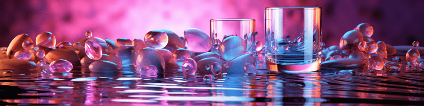 image of drug pills surrounding a glass of water symbolizing drug consumption