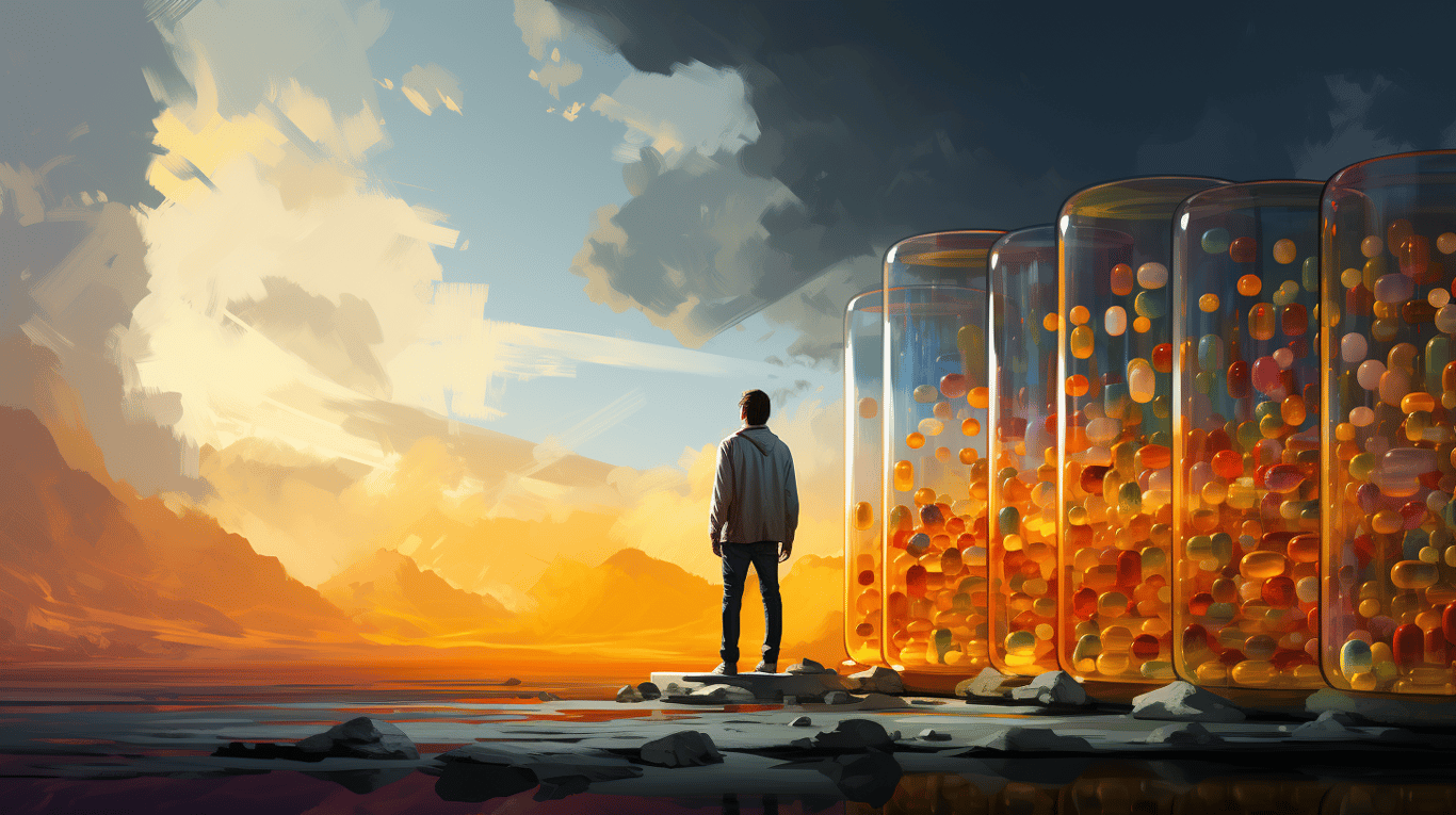 abstract image of a researcher studying a bottle of drug.