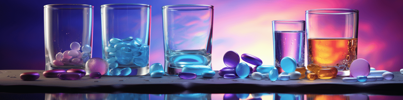 image of drug pills surrounding a glass of water symbolizing drug consumption