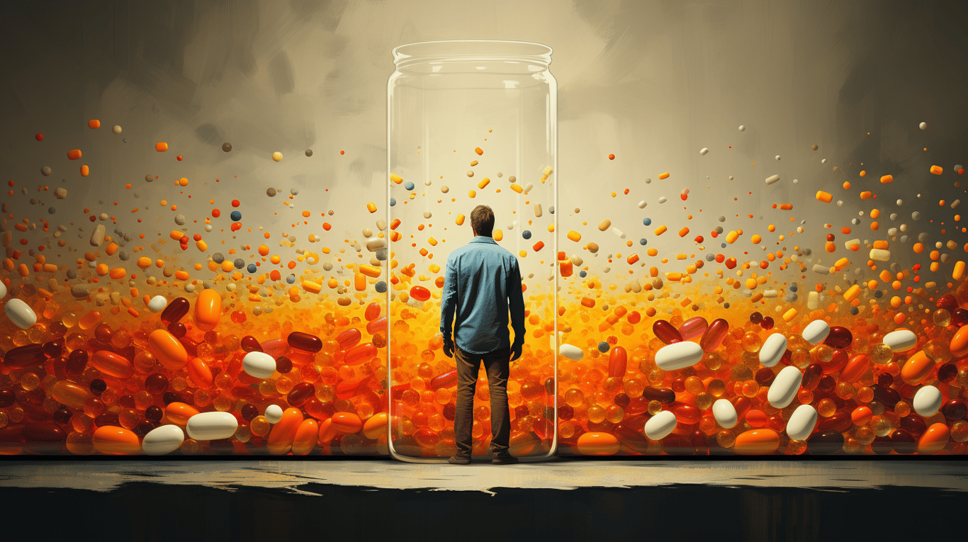 abstract image of a researcher studying a bottle of drug.