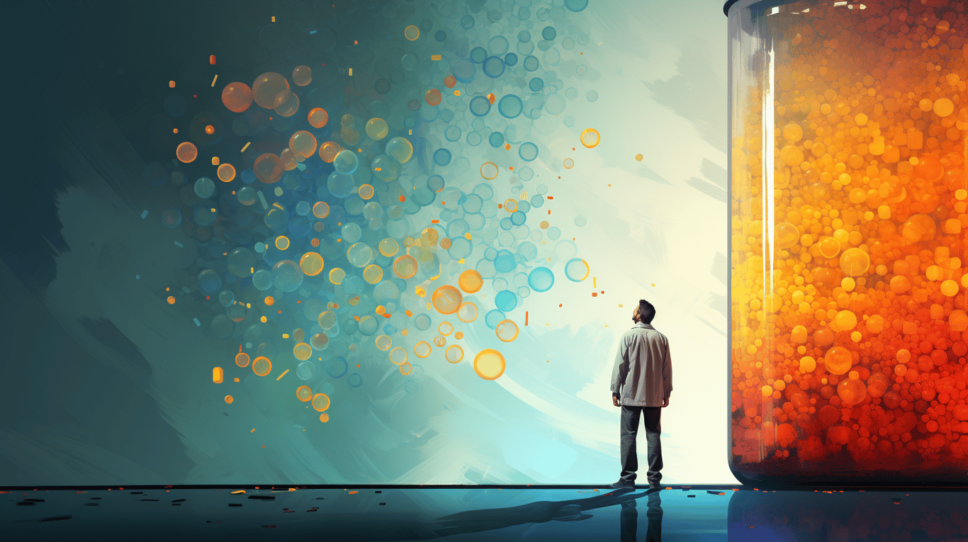 abstract image of a researcher studying a bottle of drug.