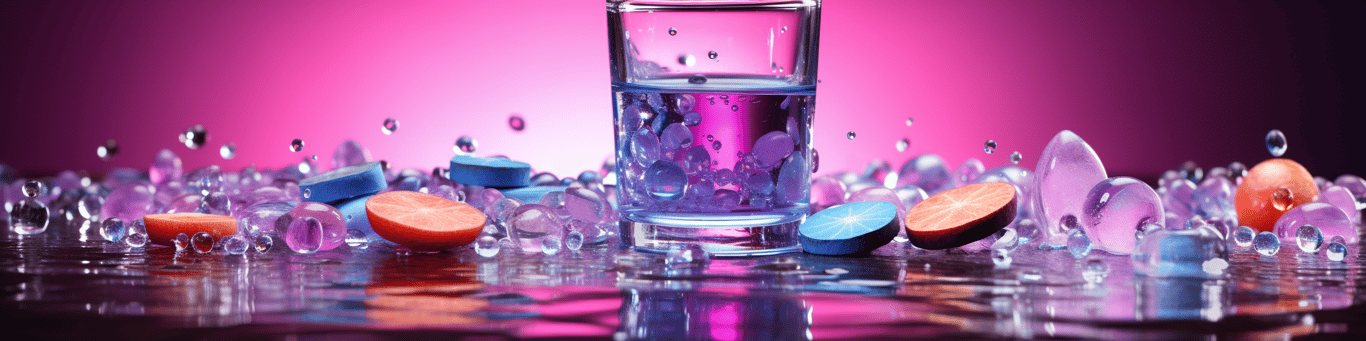 image of drug pills surrounding a glass of water symbolizing drug consumption