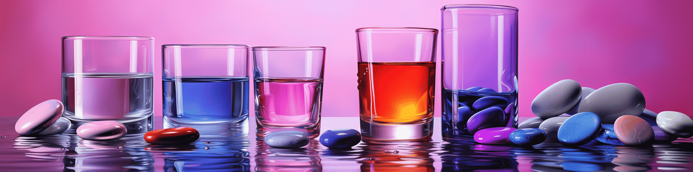 image of drug pills surrounding a glass of water symbolizing drug consumption