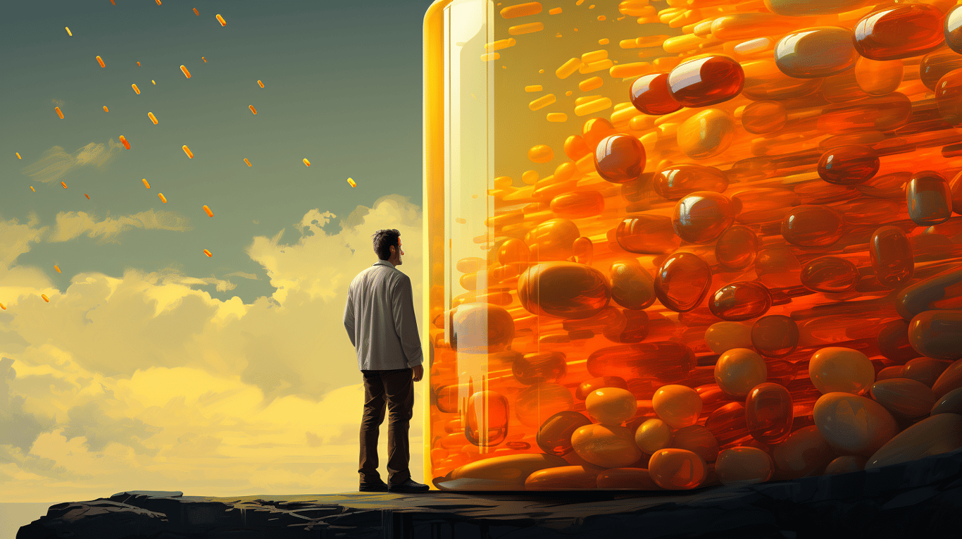 abstract image of a researcher studying a bottle of drug.