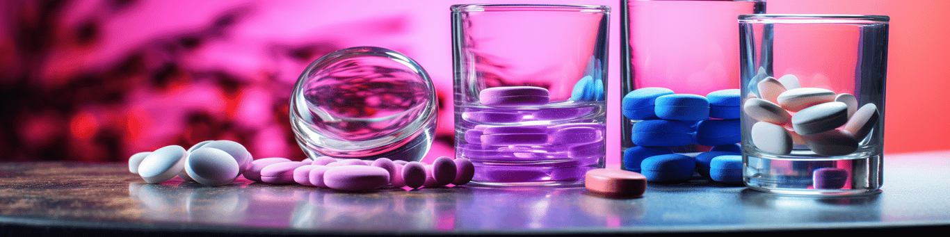 image of drug pills surrounding a glass of water symbolizing drug consumption