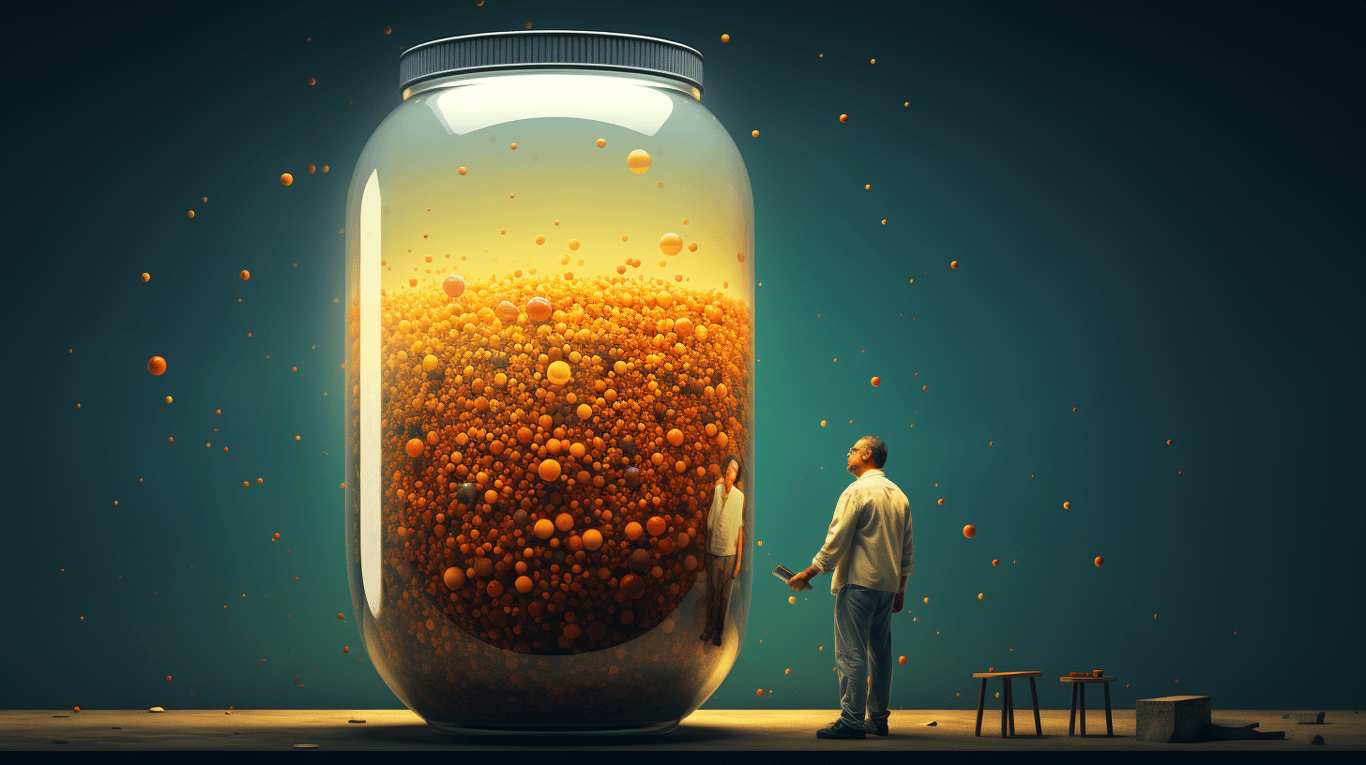 abstract image of a researcher studying a bottle of drug.