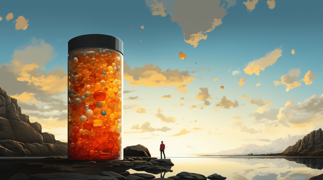 abstract image of a researcher studying a bottle of drug.