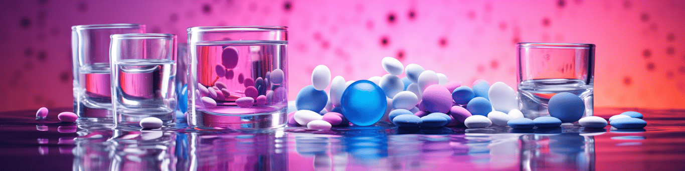 image of drug pills surrounding a glass of water symbolizing drug consumption