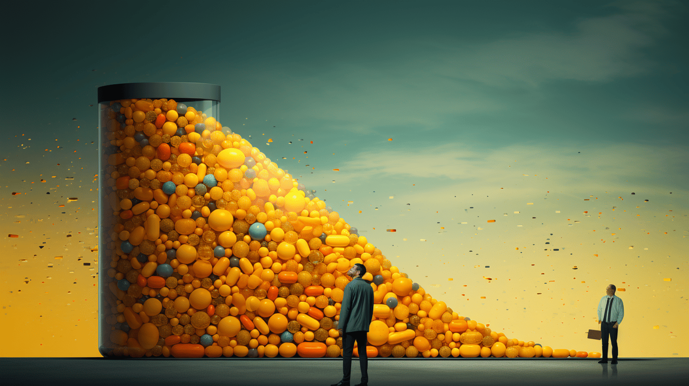 abstract image of a researcher studying a bottle of drug.