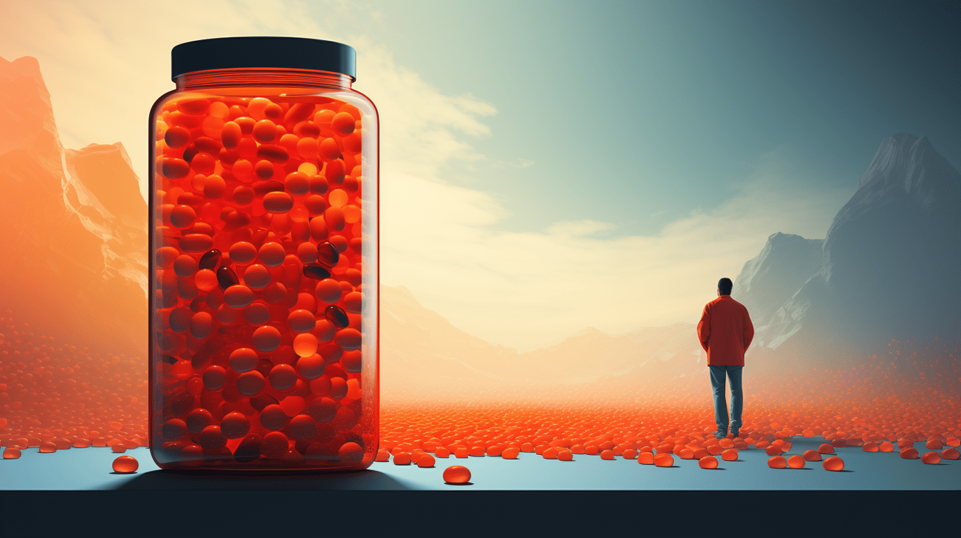 abstract image of a researcher studying a bottle of drug.