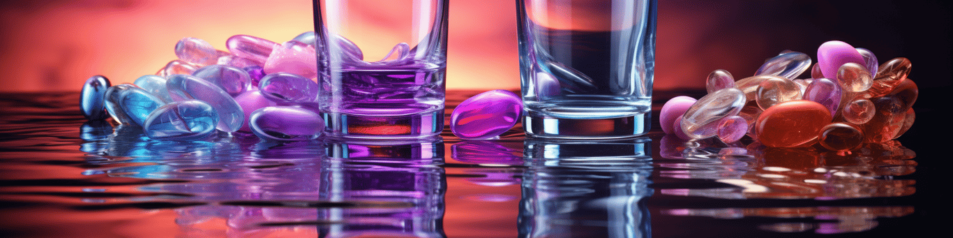 image of drug pills surrounding a glass of water symbolizing drug consumption