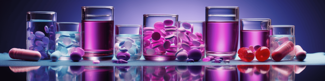 image of drug pills surrounding a glass of water symbolizing drug consumption