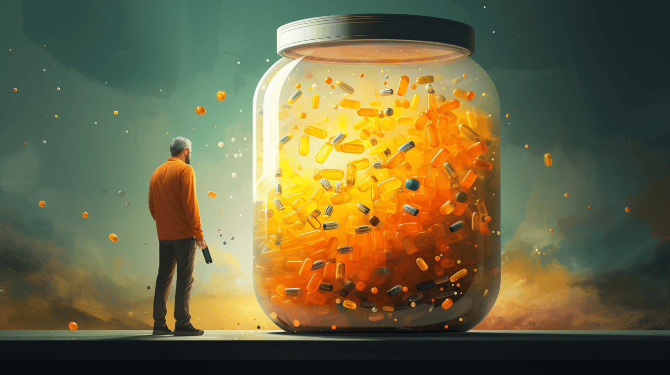 abstract image of a researcher studying a bottle of drug.