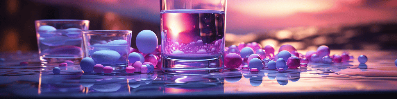 image of drug pills surrounding a glass of water symbolizing drug consumption