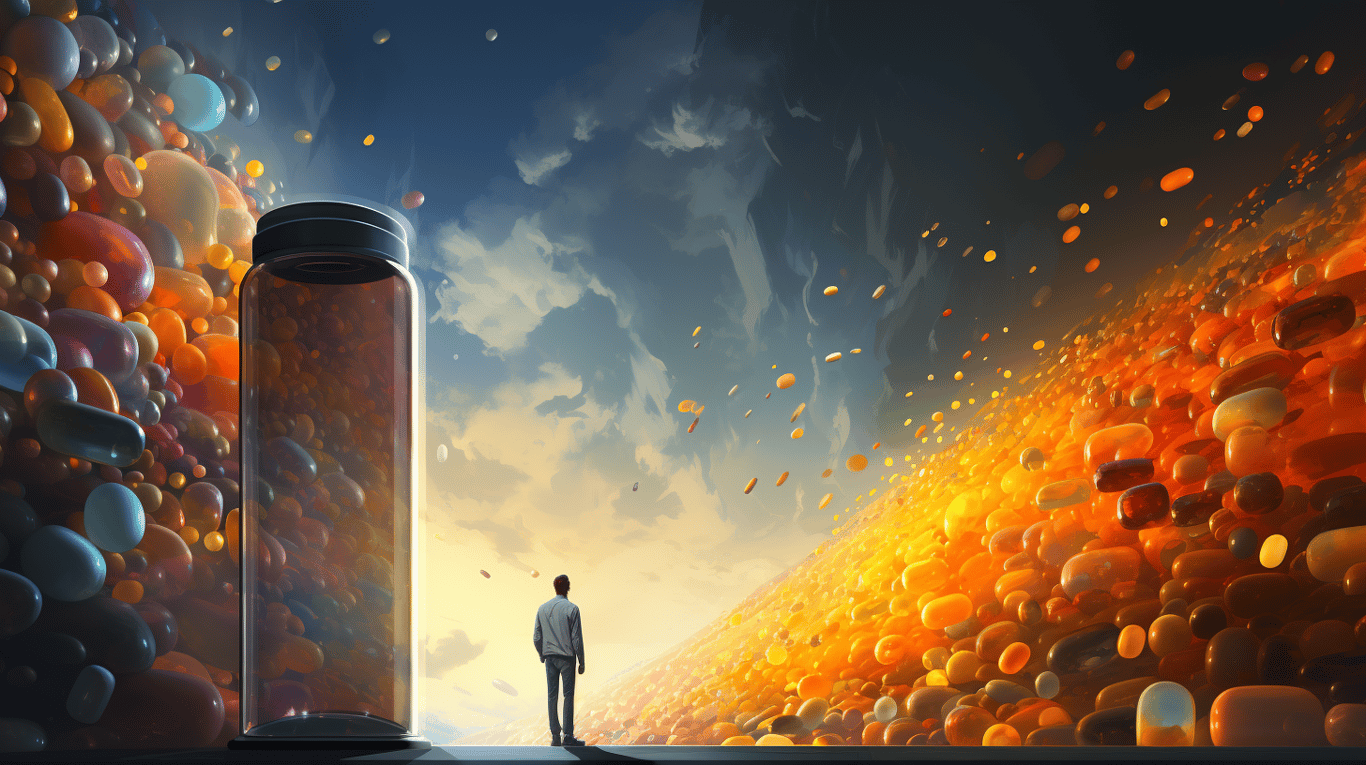 abstract image of a researcher studying a bottle of drug.