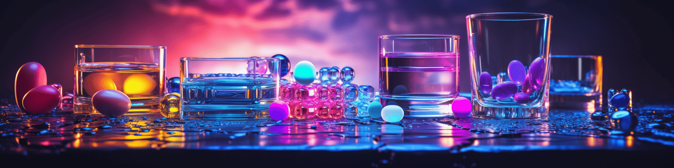 image of drug pills surrounding a glass of water symbolizing drug consumption