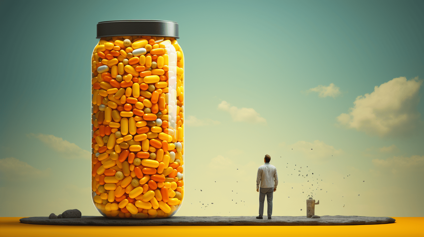 abstract image of a researcher studying a bottle of drug.