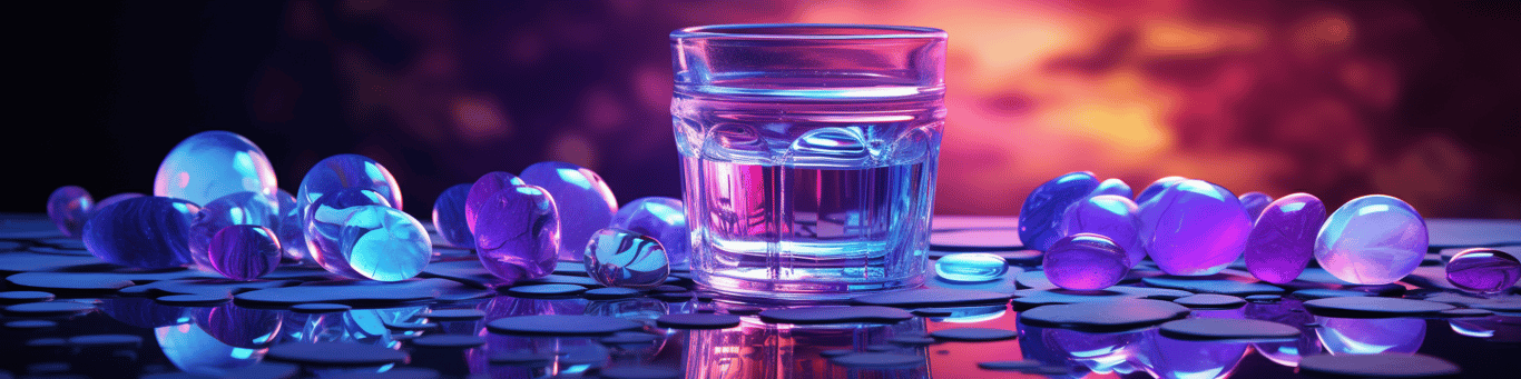 image of drug pills surrounding a glass of water symbolizing drug consumption