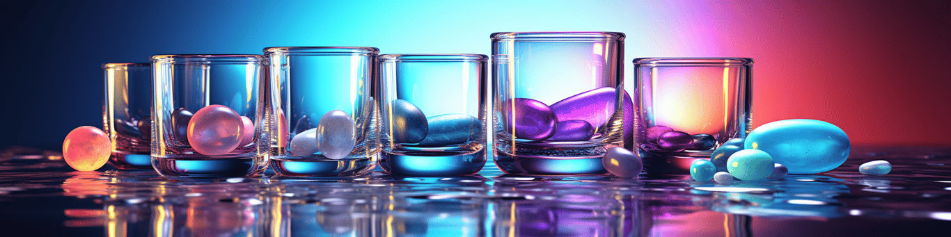 image of drug pills surrounding a glass of water symbolizing drug consumption