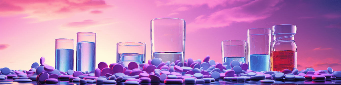 image of drug pills surrounding a glass of water symbolizing drug consumption