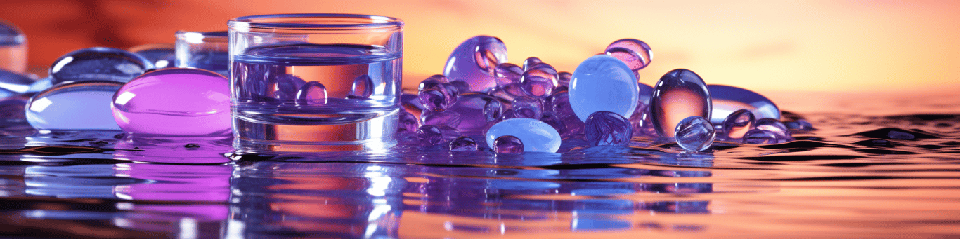 image of drug pills surrounding a glass of water symbolizing drug consumption