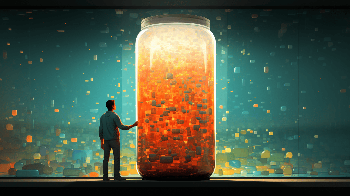 abstract image of a researcher studying a bottle of drug.