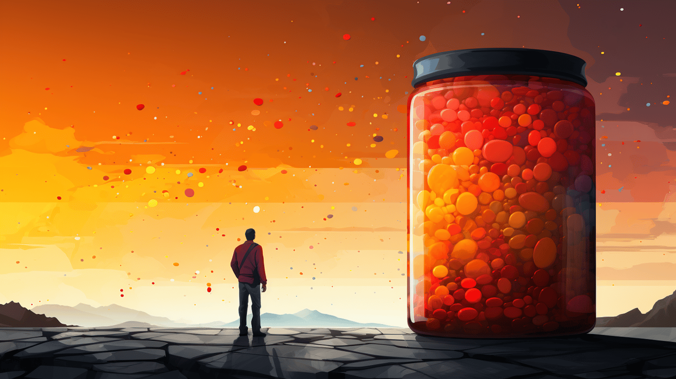 abstract image of a researcher studying a bottle of drug.