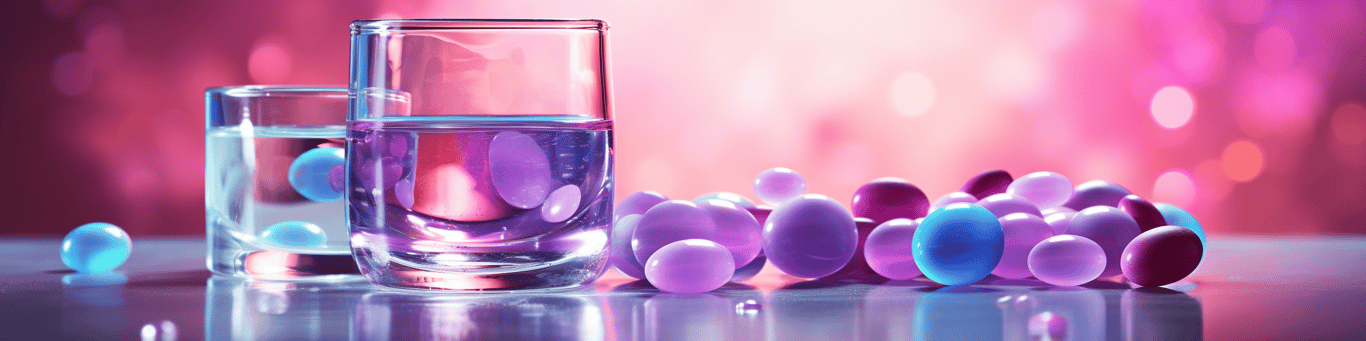 image of drug pills surrounding a glass of water symbolizing drug consumption