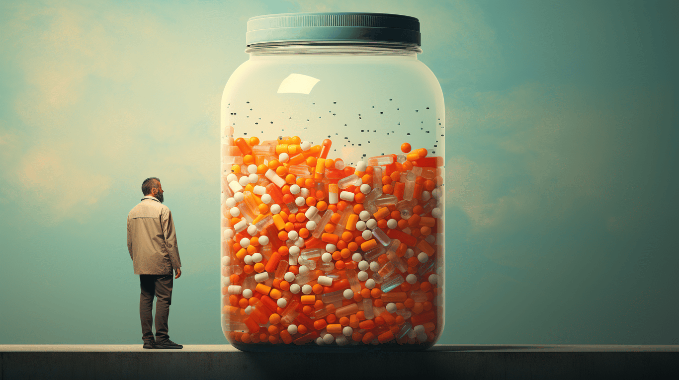 abstract image of a researcher studying a bottle of drug.