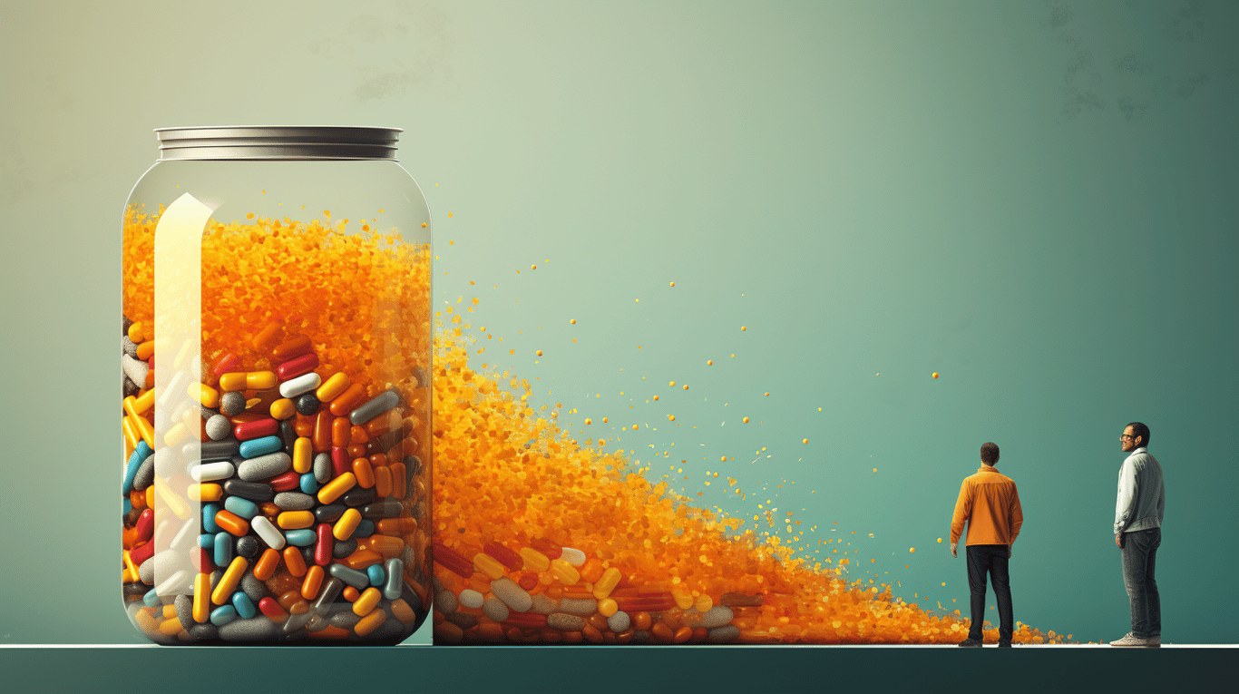 abstract image of a researcher studying a bottle of drug.