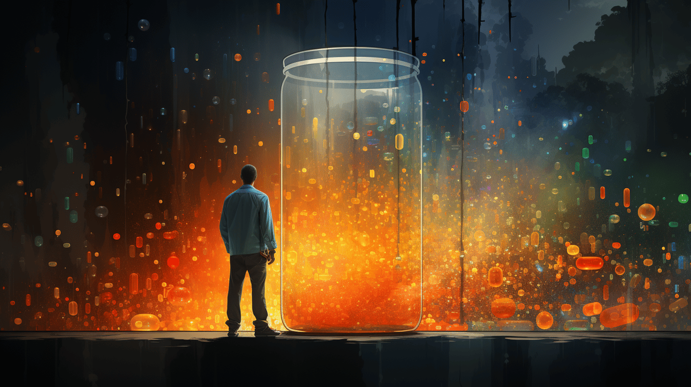 abstract image of a researcher studying a bottle of drug.