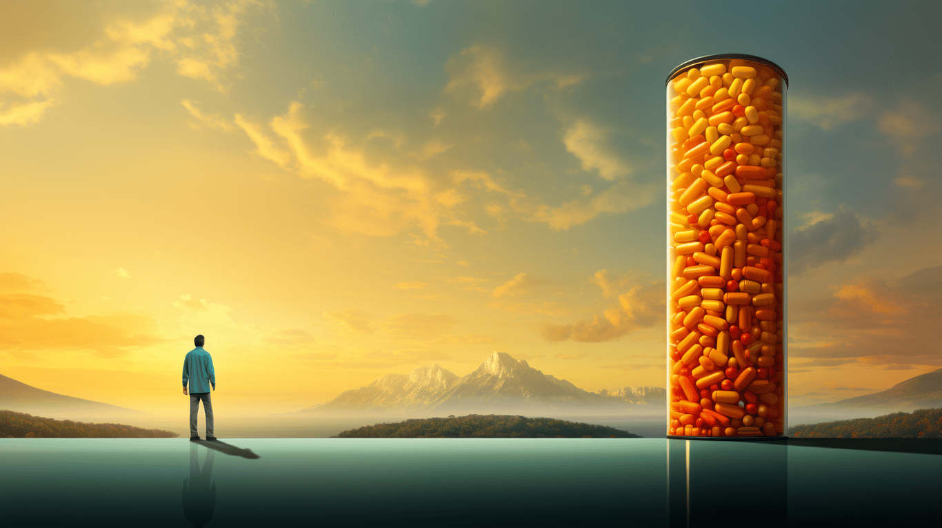 abstract image of a researcher studying a bottle of drug.