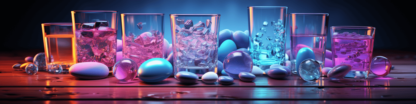 image of drug pills surrounding a glass of water symbolizing drug consumption