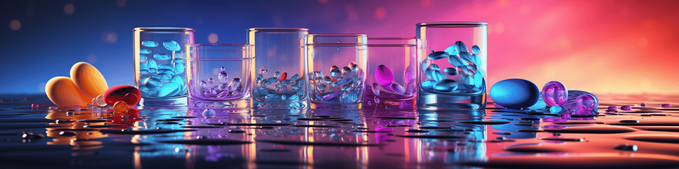 image of drug pills surrounding a glass of water symbolizing drug consumption