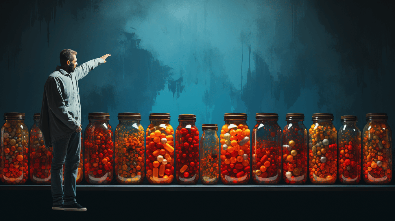 abstract image of a researcher studying a bottle of drug.