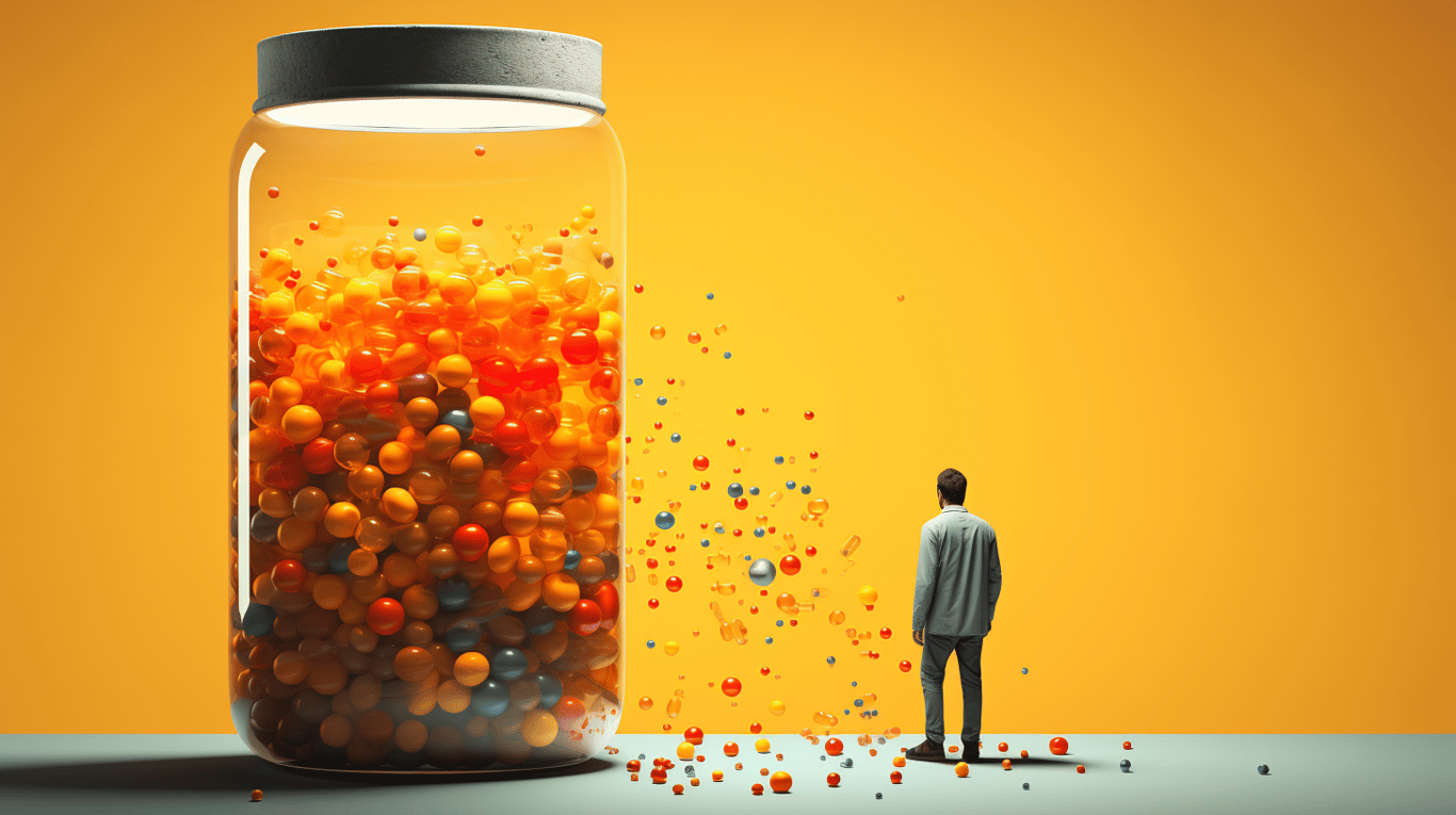 abstract image of a researcher studying a bottle of drug.