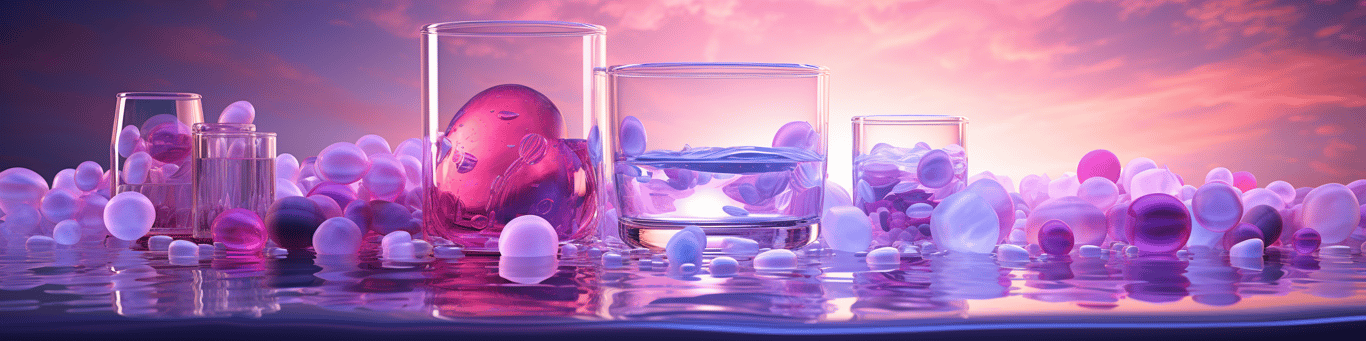 image of drug pills surrounding a glass of water symbolizing drug consumption