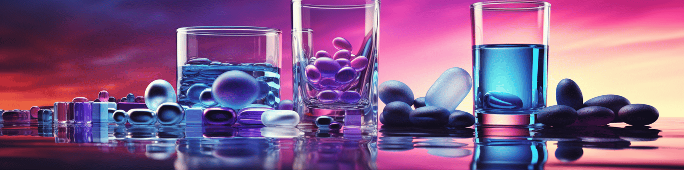 image of drug pills surrounding a glass of water symbolizing drug consumption