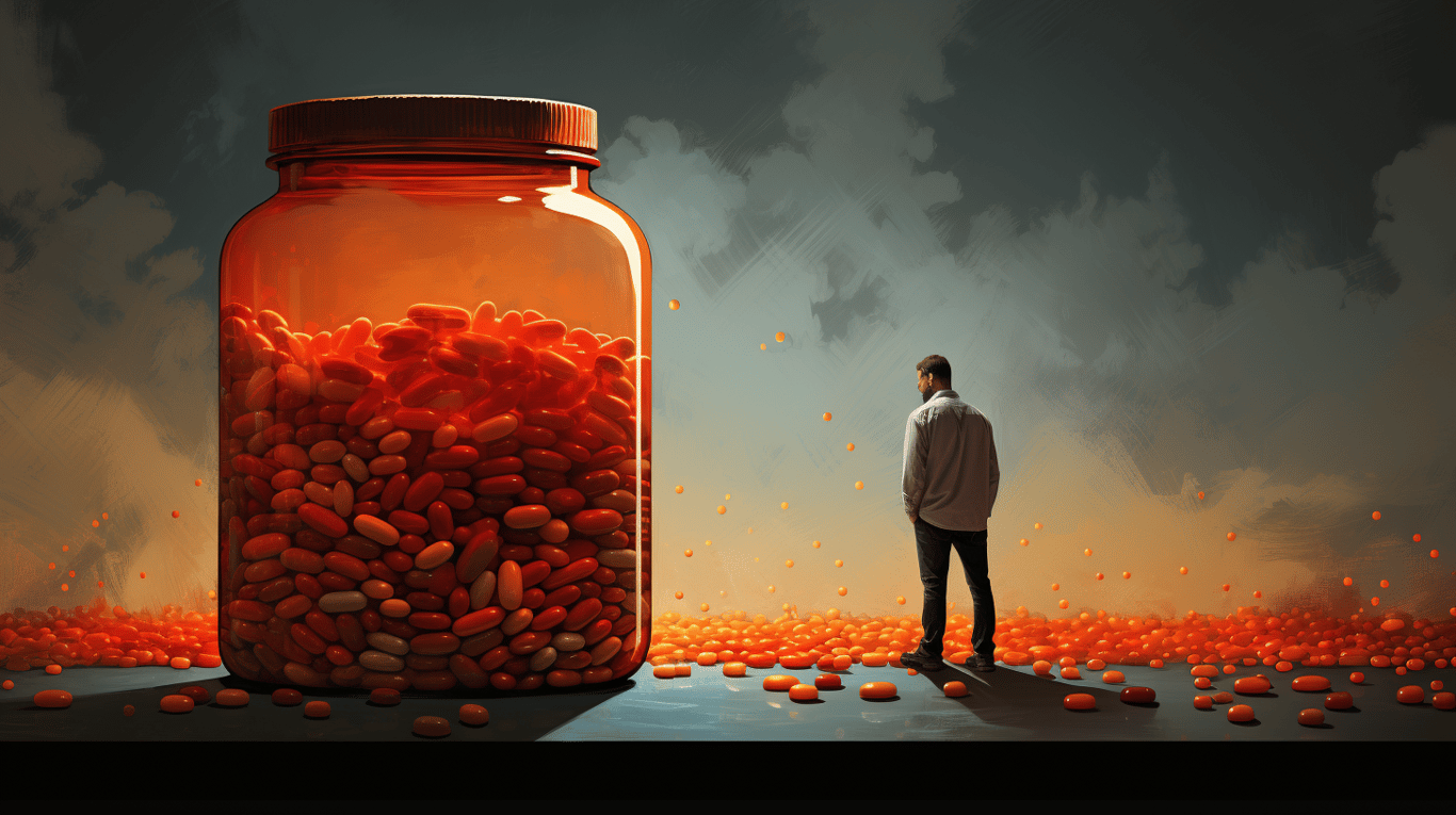 abstract image of a researcher studying a bottle of drug.