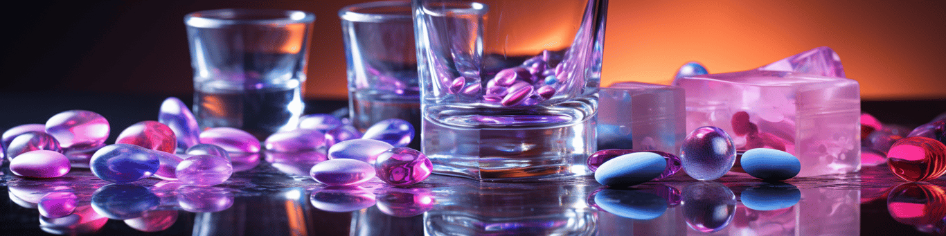 image of drug pills surrounding a glass of water symbolizing drug consumption