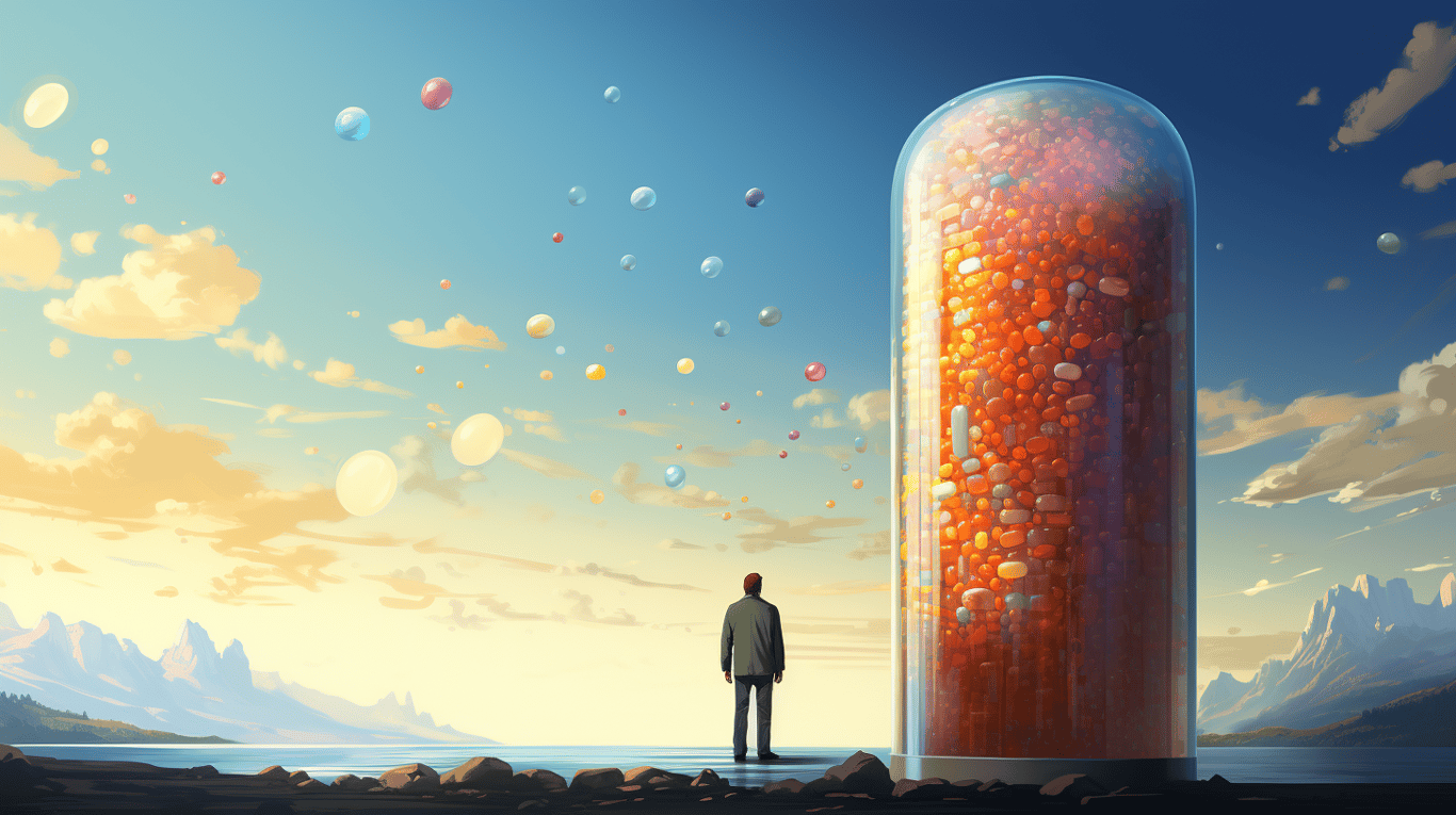 abstract image of a researcher studying a bottle of drug.