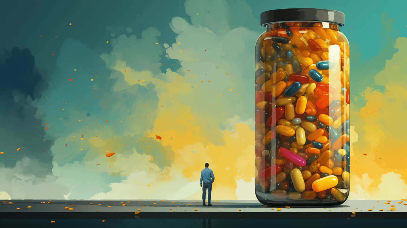 abstract image of a researcher studying a bottle of drug.