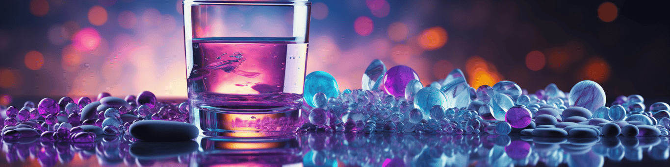 image of drug pills surrounding a glass of water symbolizing drug consumption