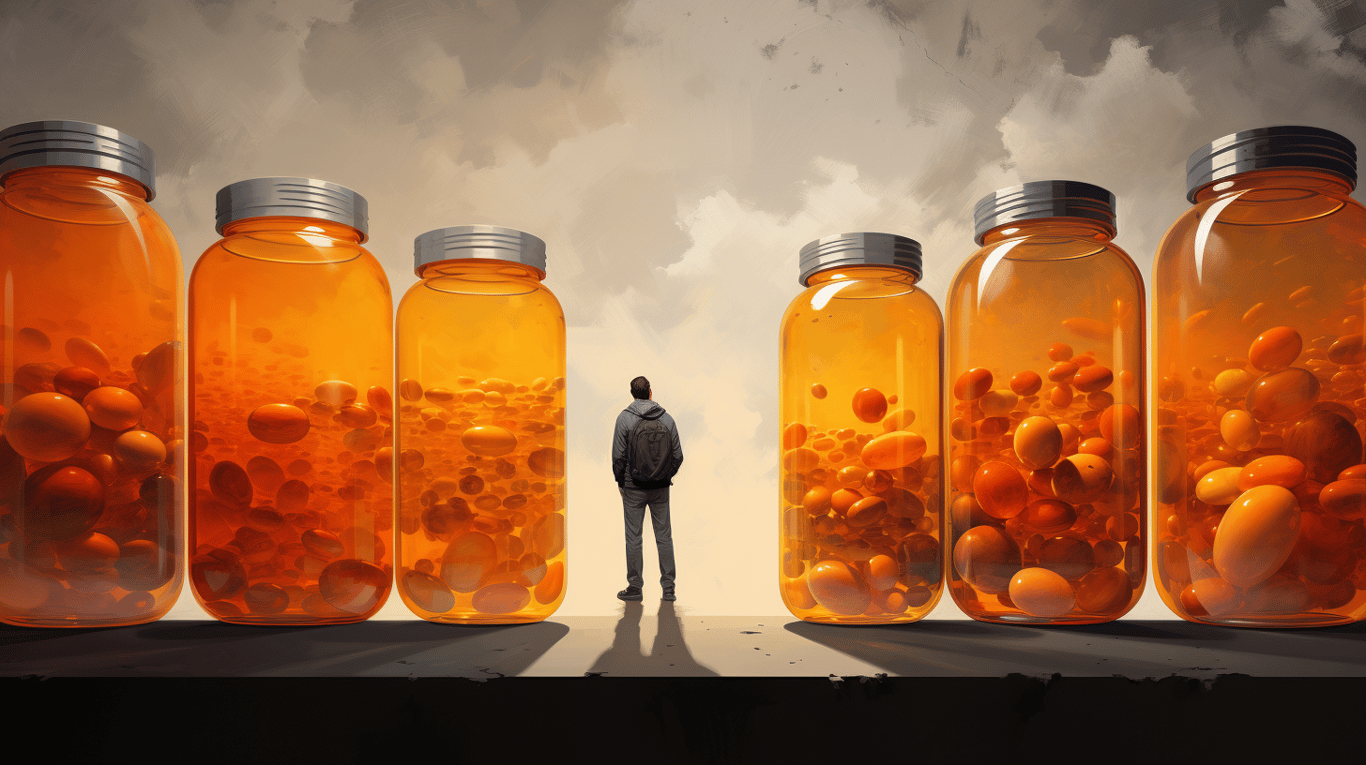 abstract image of a researcher studying a bottle of drug.