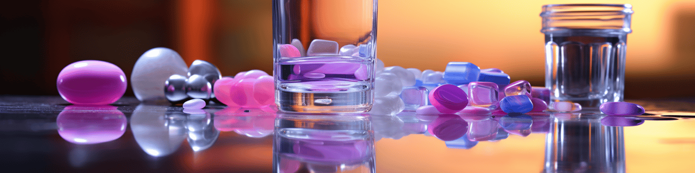 image of drug pills surrounding a glass of water symbolizing drug consumption