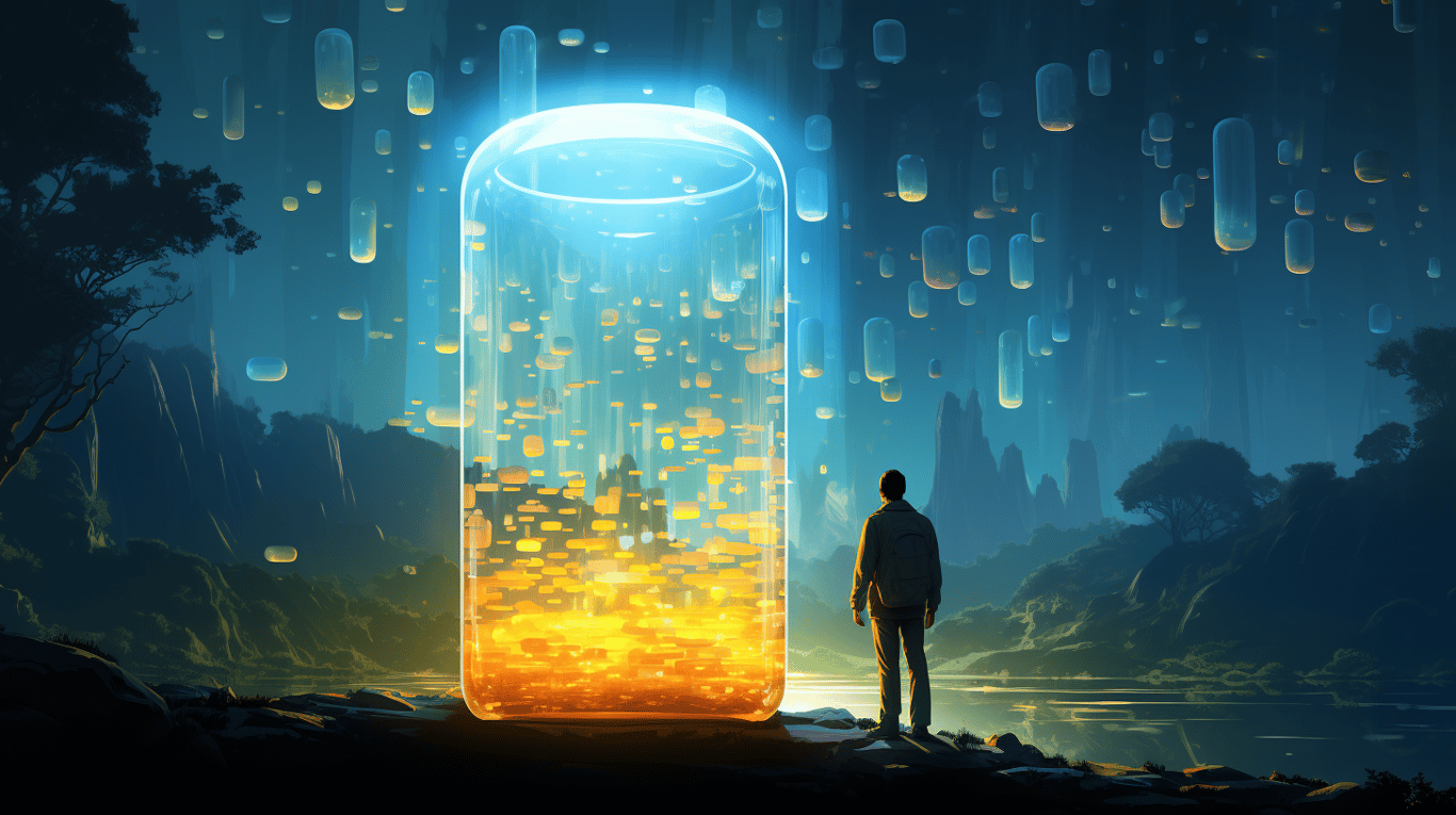 abstract image of a researcher studying a bottle of drug.