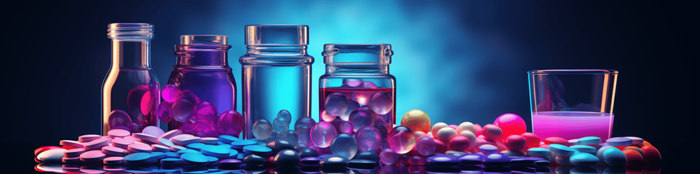 image of drug pills surrounding a glass of water symbolizing drug consumption