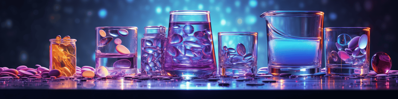 image of drug pills surrounding a glass of water symbolizing drug consumption